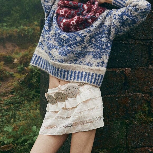 Blue And White Boho Women's Fuzzy Sweater - Picture 9 of 11